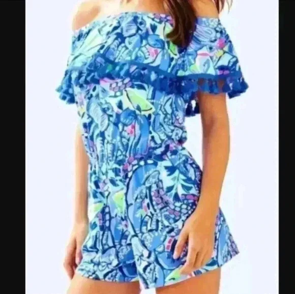 Lilly Pulitzer La Fortuna Blue Peri Pinch Romper Womens Off The Shoulder Sz 2XS - Picture 3 of 11